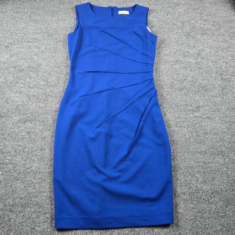 Calvin Klein Sheath Dress Womens 4 Blue Sleeveless Ruched Cocktail